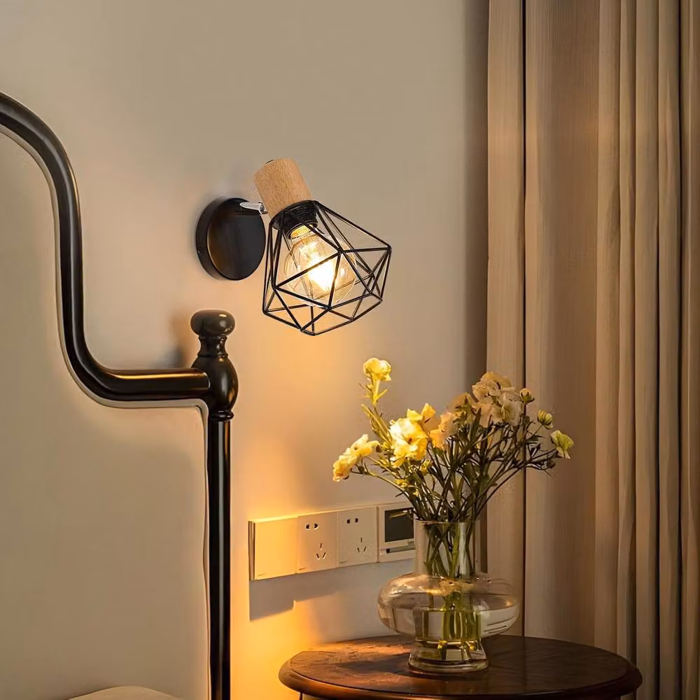 COMELY Set of 2 Industrial Black and Wood Adjustable Wall Lights – 2