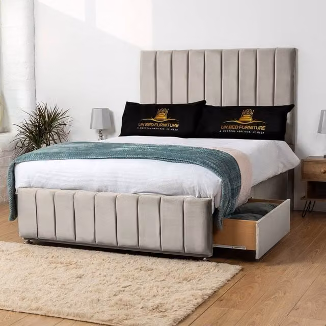 UK Bed Furniture Falcon Divan Bed with 2 Drawers and 26 Inch Headboard in Light Beige, Size: Single, W/D/H: 90 x 190 cm