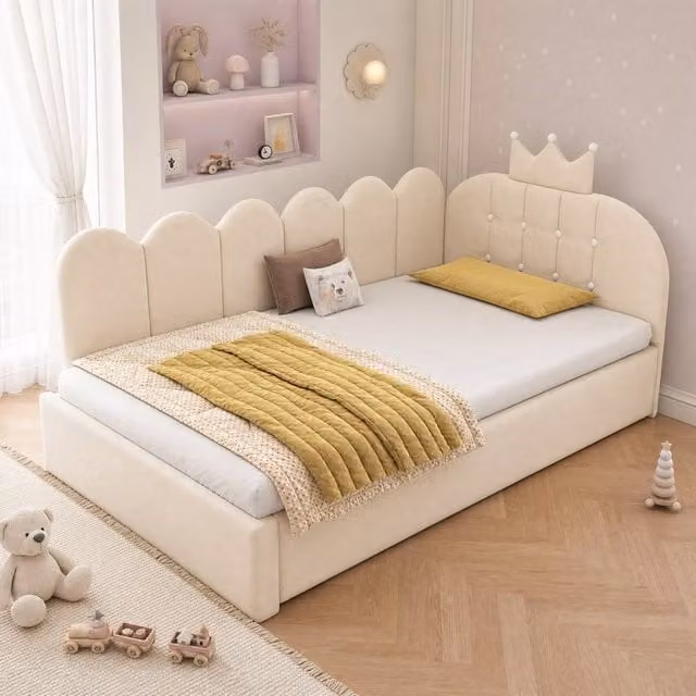 STILVORA 3ft Single Bed Frame with Pull-Out Bed and Drawers in Beige Velvet, W/D/H: 90 x 190 cm – 1