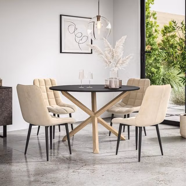 More4Homes Malvern Round Black Dining Table with Oak Legs and 4 Beige Nova Velvet Chairs, Diameter: 120 cm, Height: 75 cm