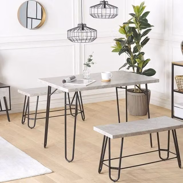 Wyld and Coco 4-Seater Industrial Dining Set with Rectangular Grey and Black Marble Veneer Top and 2 Benches