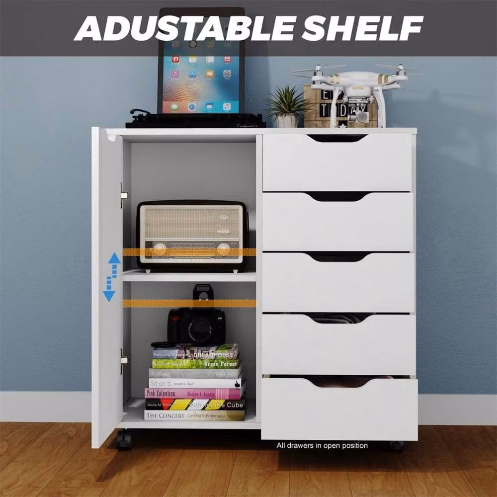 ERGOVEXA White Wooden File Cabinet with 5 Drawers and 1 Door Dresser Cabinet – 2