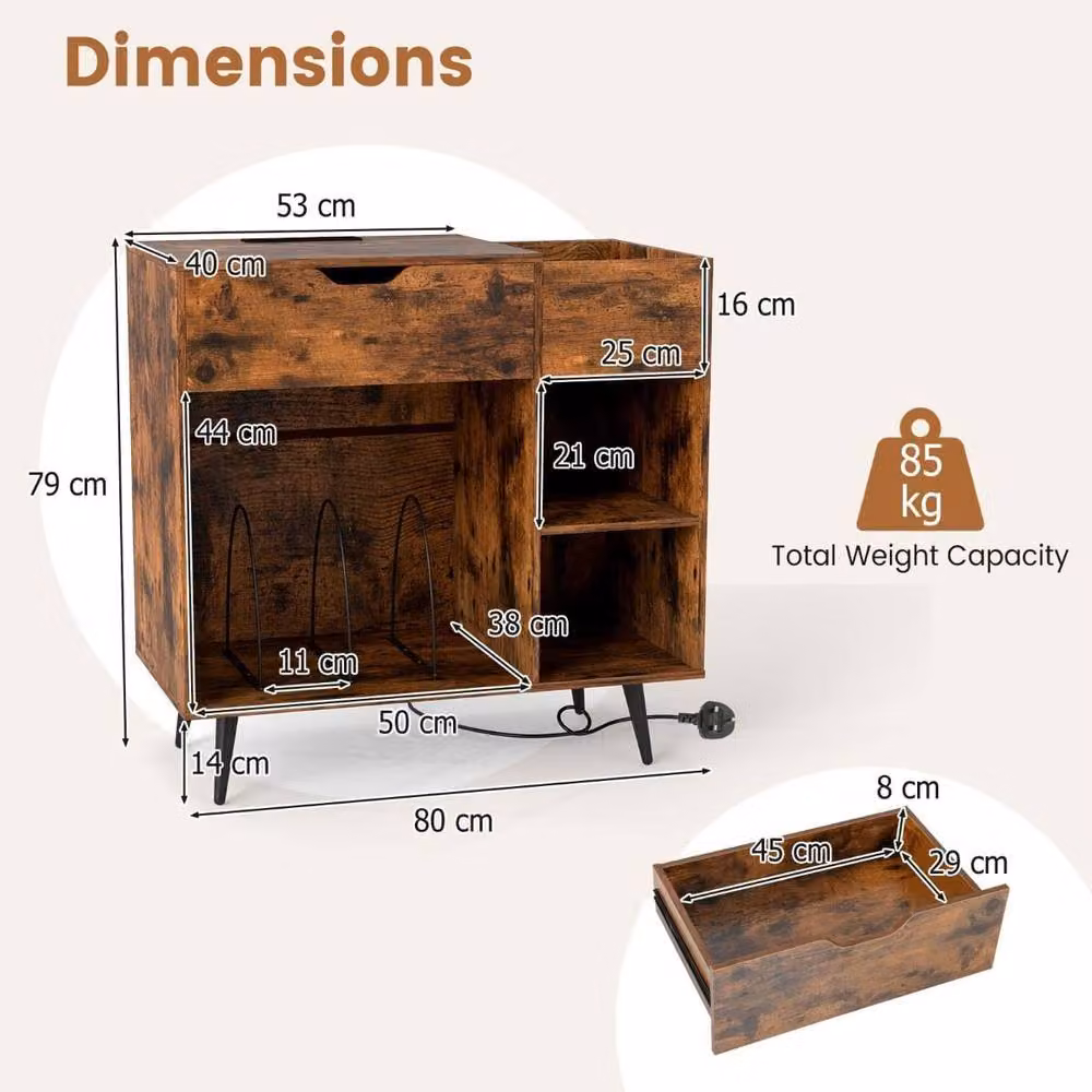 Costway Wooden Record Player Stand and Turntable End Table with Built-In Power Strip in Brown – 4