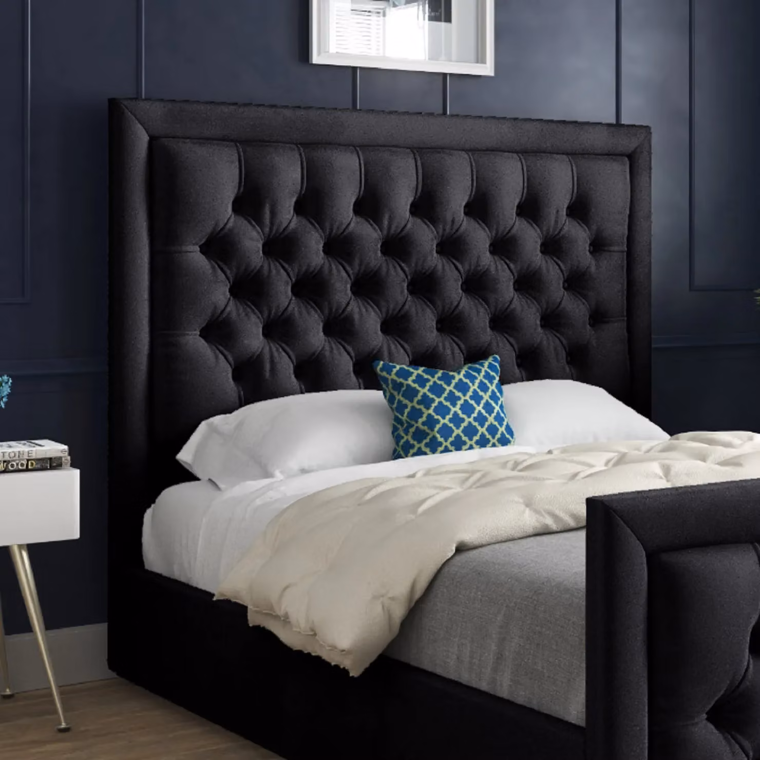 Casani Modern Upholstered Velvet Bed Frame in Black, W/D/H: 90 x 190 x 137 cm – 3