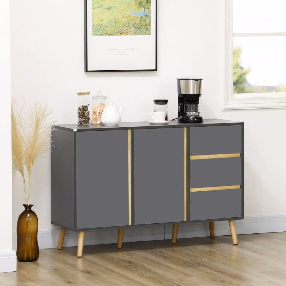HOMCOM Modern Kitchen Sideboard with Double Doors and 3 Drawers in Matt Grey – 2