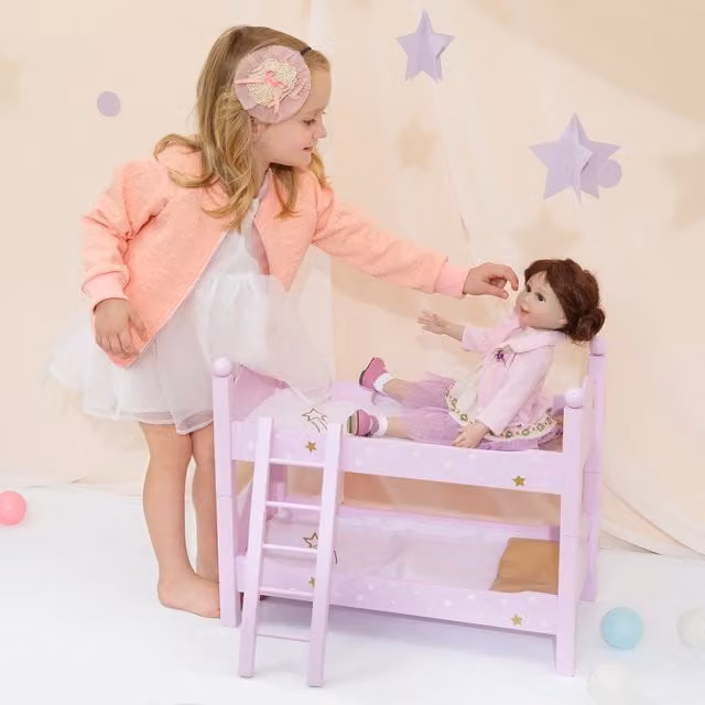 Teamson Kids Wooden Doll Bunk Bed in Pink, White and Gold