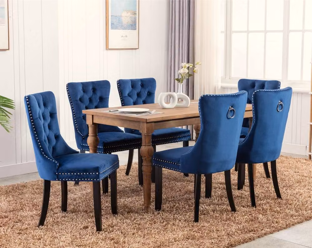 Modern Home Touch Romsey Set of 2 Blue Velvet Upholstered Dining Chairs with Oak Legs and Knocker Ring Back – 4