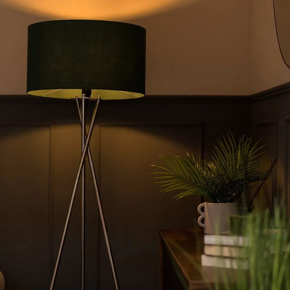 ValueLights Camden Brushed Chrome Tripod Floor Lamp with Forest Green Fabric Drum Shade – 2