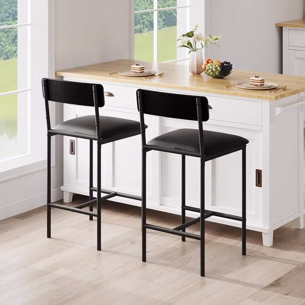 London Boutique Set of 4 Modern Counter Height Bar Stools in Black Synthetic Leather – 2