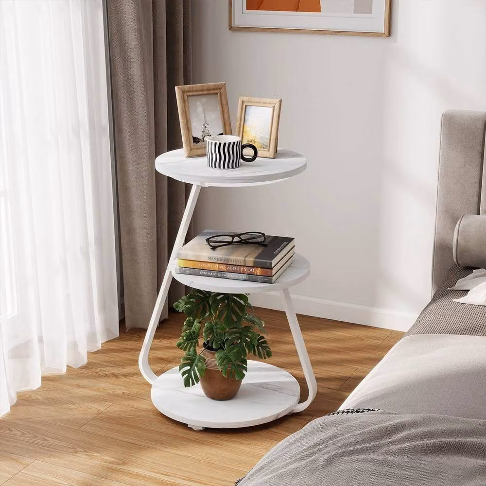EONLION 3-Tier Modern White Marble Sofa Side Table with LED Light and Sled Base, Height: 100 cm – 4