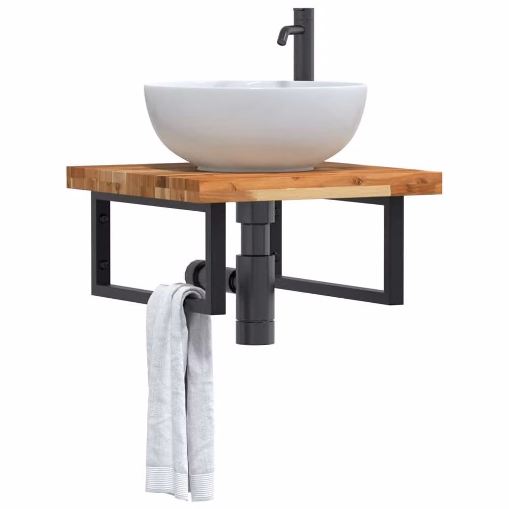 Berkfield Home Wall Mounted Basin Shelf in Brown Steel and Solid Acacia Wood – 1