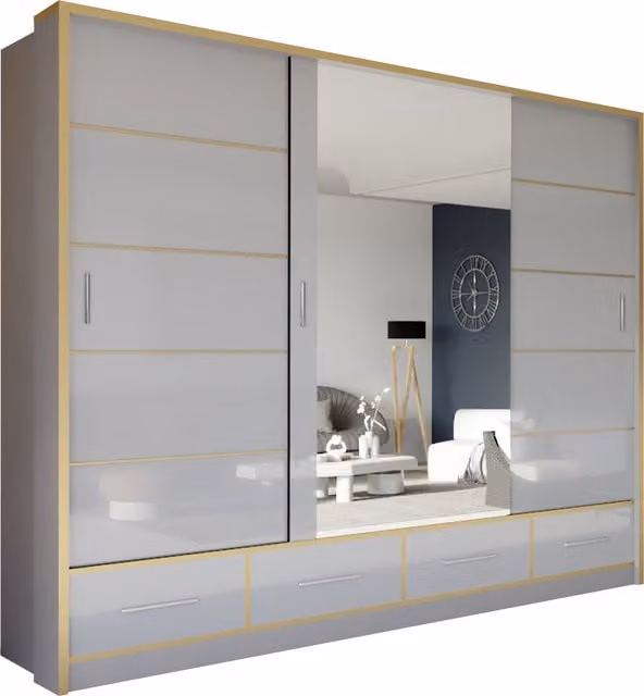 Sliding Wardrobes 4 u Heaven Modern High Gloss Mirror Sliding Door Wardrobe in Grey, Width: 253 cm