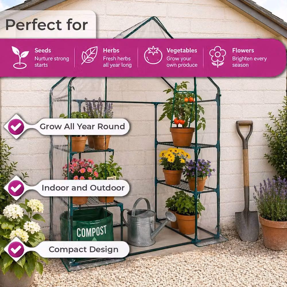 Neo 4 Tier Mini Greenhouse with Galvanised Steel Frame and Transparent PVC Cover, H 193 x W 143 x D 73 cm – 2