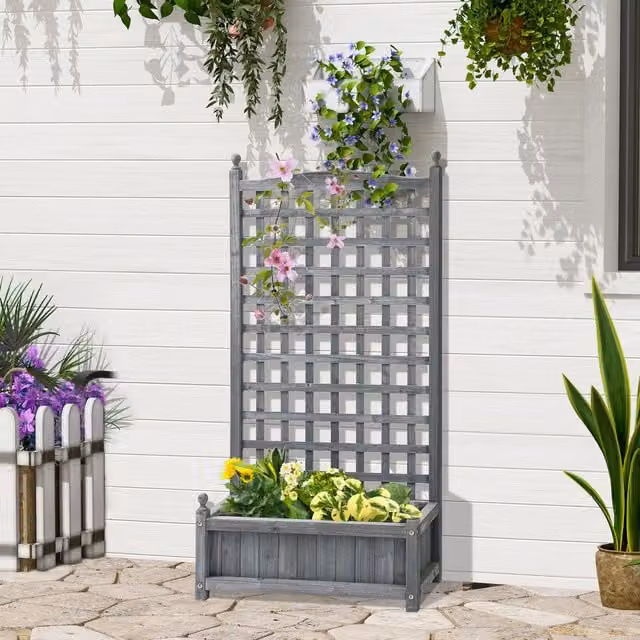 Outsunny Grey Fir Wood Raised Garden Bed with Trellis Planters