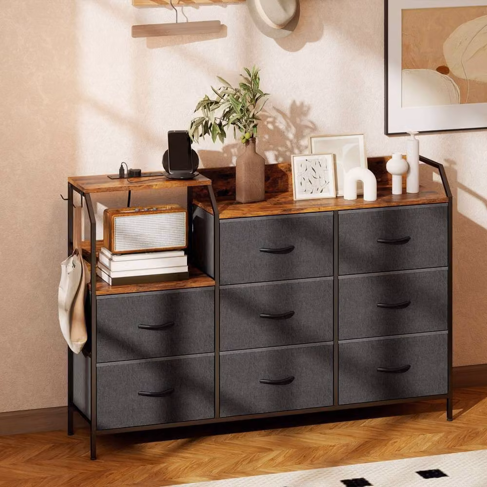 Wyld Haus 8 Drawer Industrial Metal and Wood Storage Chest with Integrated Charging Station in Brown and Black – 3