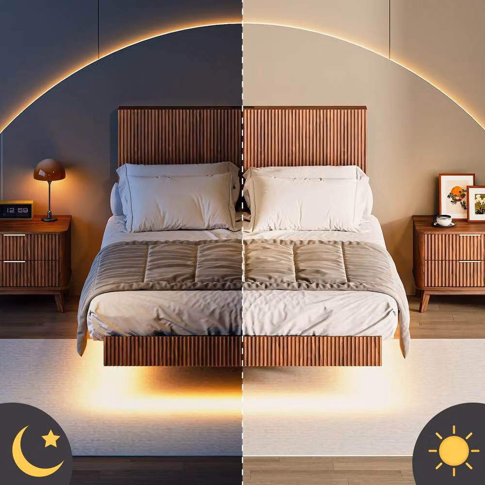 Matteo Modern Floating Double Bed Frame in Walnut Wood Effect with Under-Bed Lighting and USB Charging Port, W/D/H: 140 x 200 cm – 3