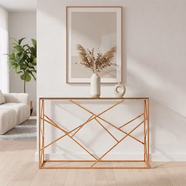 Orsina Geometric Rose Gold Console Table with Glass Top, W/D/H: 120 x 40 x 76 cm – 1