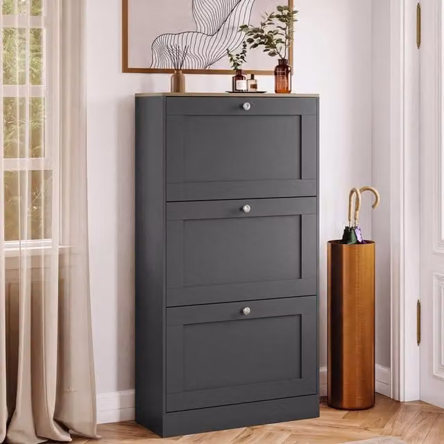HD Designs Modern 3 Drawer Flip Down Shoe Cabinet in Anthracite Grey – 1