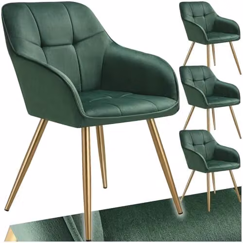 tectake Marilyn Set of 4 Dining Chairs with Armrests in Green and Gold – 1