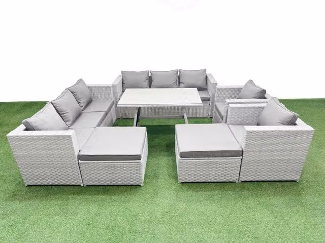Fimous 10 Seater Modern Garden Furniture Set in Light Grey with 2 Large Stools