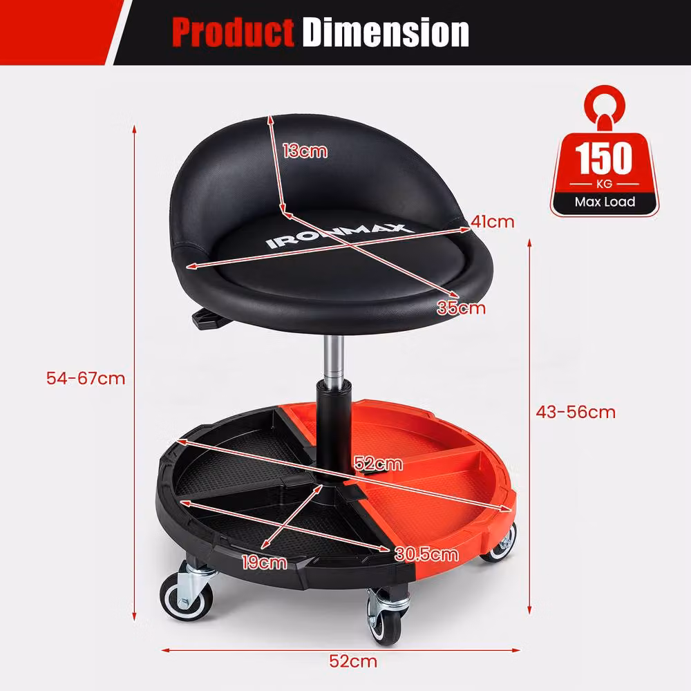 Gymax 360 Degree Rolling Mechanic Stool with Tool Storage Tray in Red – 2