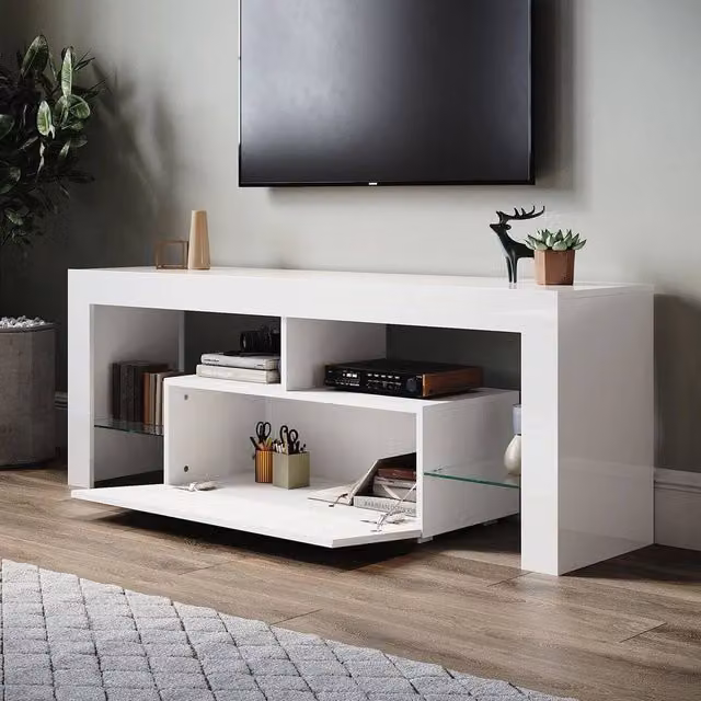 Spetlek Modern High Gloss White TV Stand Cabinet Unit with Drawer, W: 100 cm, D: 15 cm