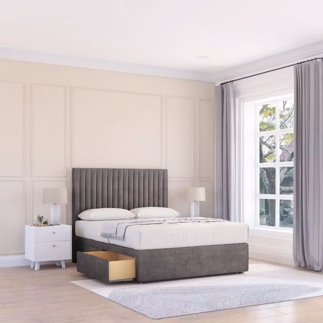 Sloomy Manhattan Divan Bed Base and Floor Standing Headboard, Grey Velvet, W/D/H: 200 x 200 cm