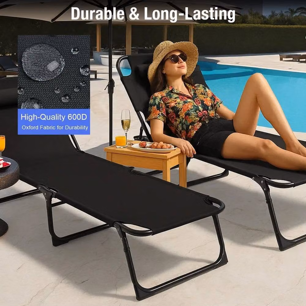 SPETLEK Portable Folding Camping Bed Lounger in Black with Adjustable Headrest and Powder Coated Steel Frame – 5