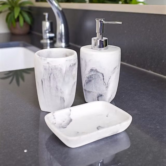 Showerdrape Octavia 3 Piece Bathroom Accessory Set in Grey Marble and White with Chrome Finish