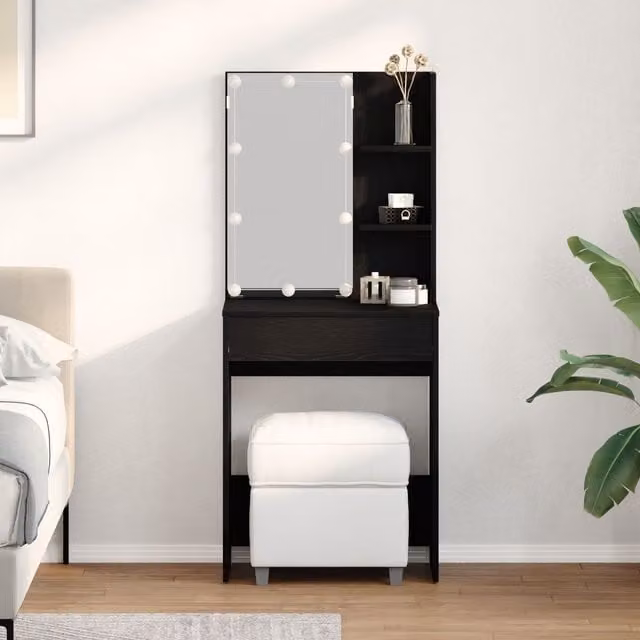Berkfield Home Hollywood LED Dressing Table in Black Oak, W/D/H: 60 x 40 x 140 cm