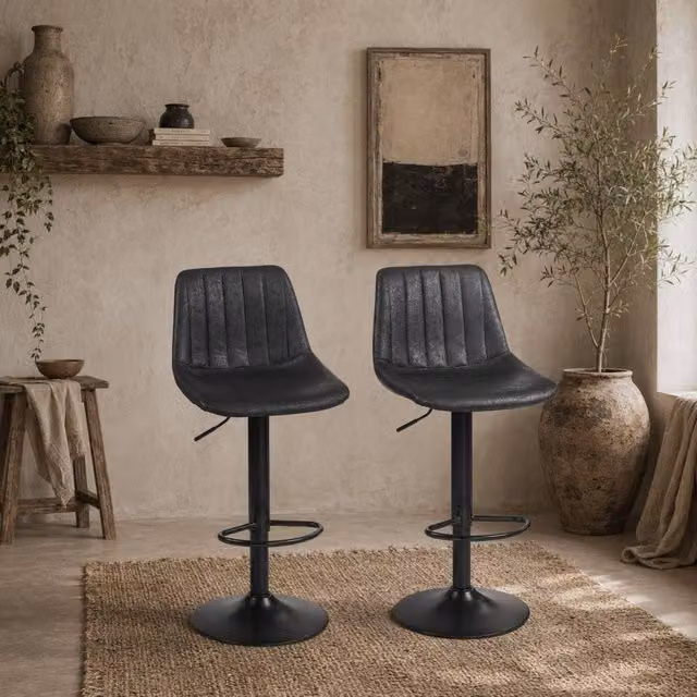 Wyld Haus Nalo Set of 2 Black Synthetic Leather Tub Style Bar Stools with 360 Degree Swivel and Metal Base – 1