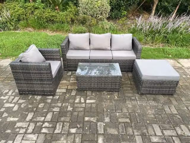 Fimous 4 Piece Outdoor Lounge Sofa Set in Dark Grey Rattan with Armchair, Coffee Table and Ottoman
