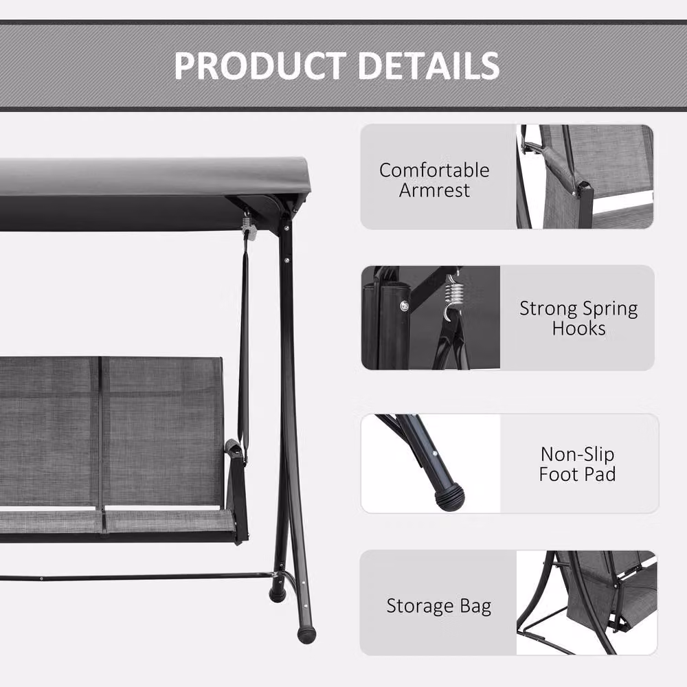 OUTSUNNY 3-Seater Metal and Fabric Swing Chair with Sun Canopy in Grey – 4