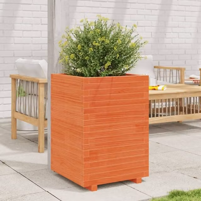 Berkfield Home Garden Wood Planter Tub in Brown and Orange, W/D/H: 50 x 50 x 72.5 cm