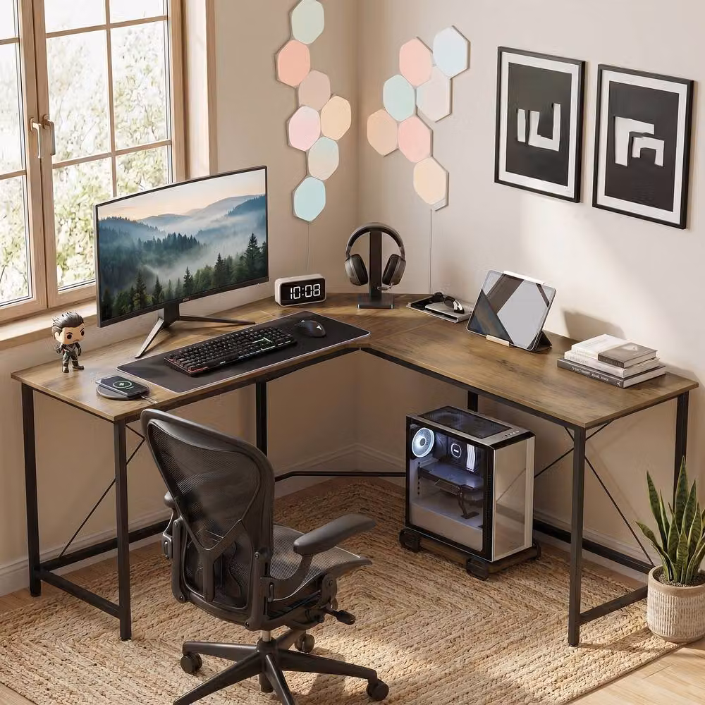 HOMCOM Modern L-Shape Corner Computer Desk and Gaming PC Workstation in Brown – 2