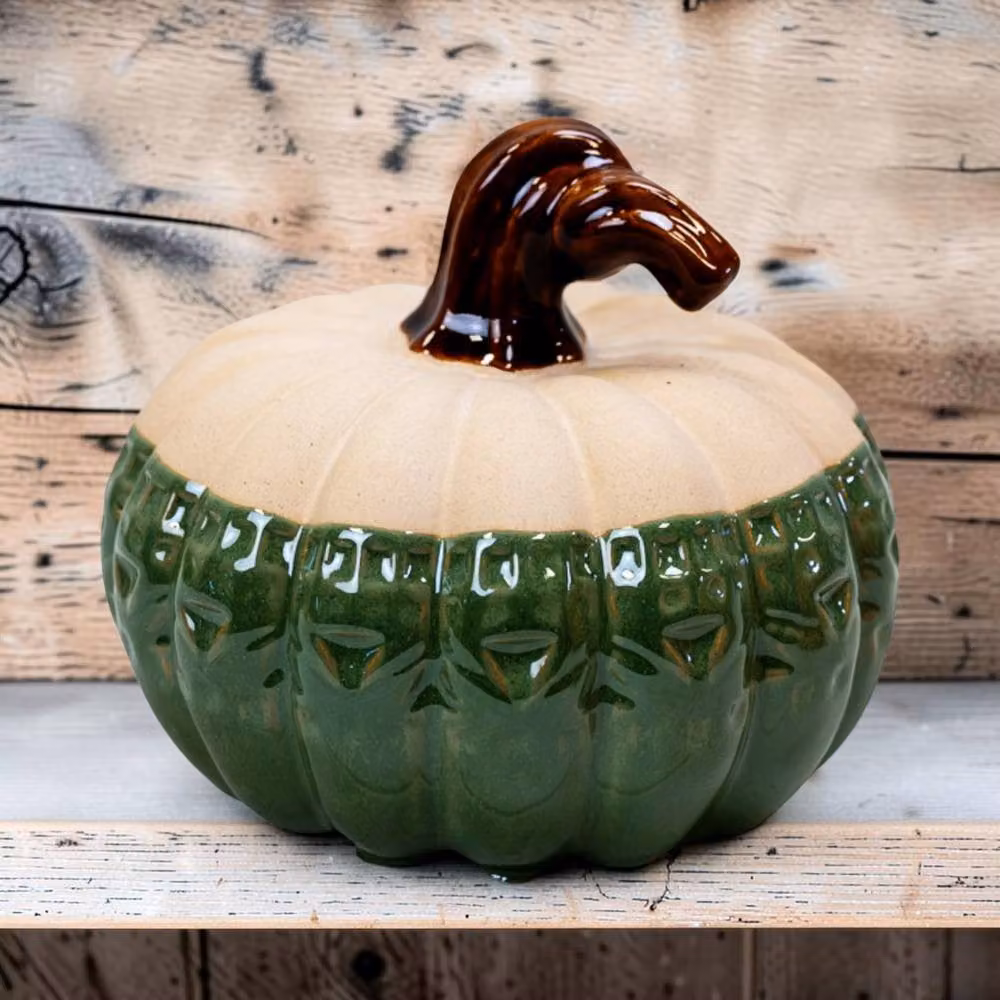 Four Candle Two Tone Beige and Green Ceramic Pumpkin Ornament, Height: 16 cm – 3