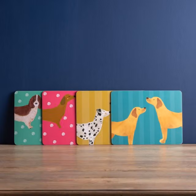 Creative Tops Set of 4 Puppy Pals Dog Design Cork Backed Rectangular Placemats, Pink and Green, W: 30 cm, D: 22 cm, H: 1.5 cm – 1