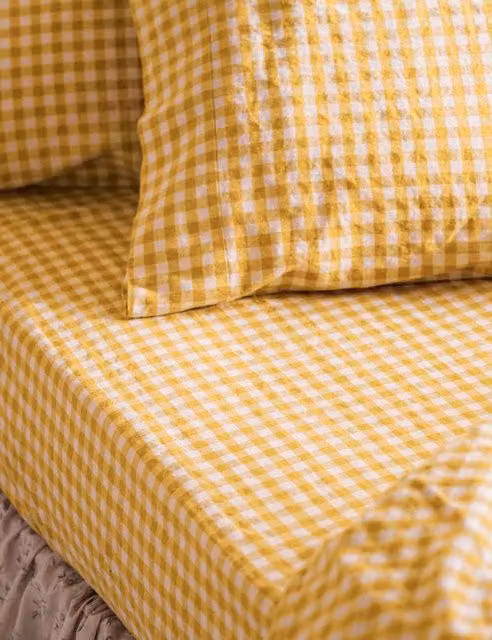 Piglet In Bed Linen Rich Gingham Fitted Sheet, Yellow Mix, W/D/H: 90 x 190 cm