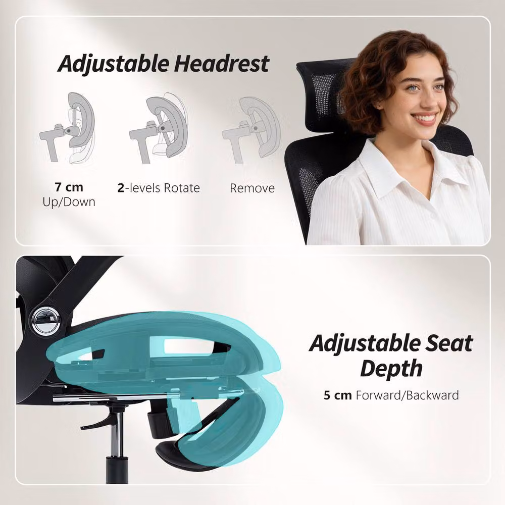 STILVORA Ergonomic Office Chair in Black Fabric with Adjustable Headrest and Seat Depth – 8