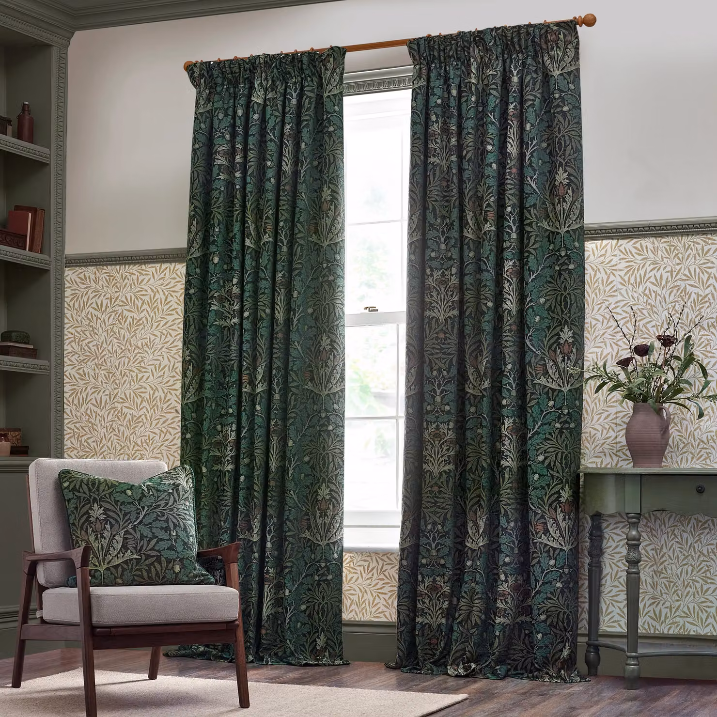 Morris & Co Acorn Multi Floral Jacquard Room Darkening Pencil Pleat Curtains in Green, Width: 117 cm, Drop: 183 cm – 2