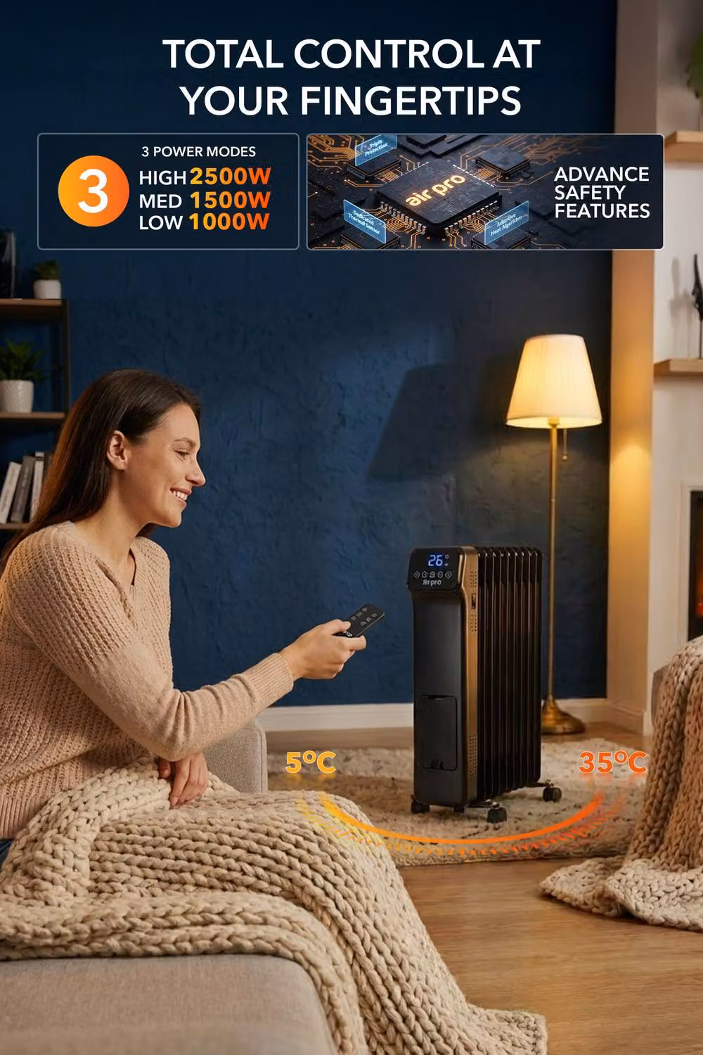 Air Pro 2500W Oil-Filled Electric Radiator with Thermostat and 9 Hour Timer, Black – 4