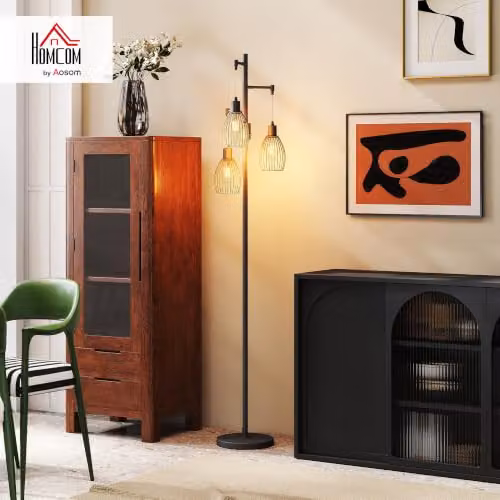 HOMCOM Dimmable 3-Light Industrial Floor Lamp in Black, Height: 170.5 cm – 2