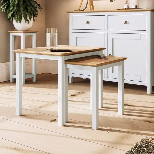 Taberno Nest of 2 Tables in Oak Veneer with Cream Linen Painted Finish