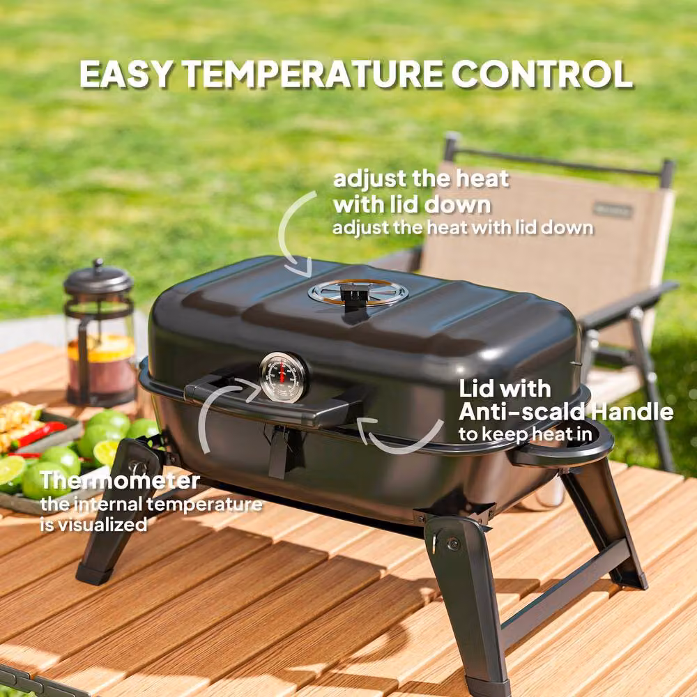 Rolipo Black Folding Charcoal Kettle BBQ Grill with Thermometer and Warming Rack – 8