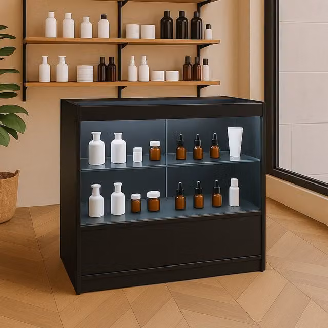 Monster Shop C900 LED Shop Counter in Matt Black with Glass Doors and Integrated Lighting