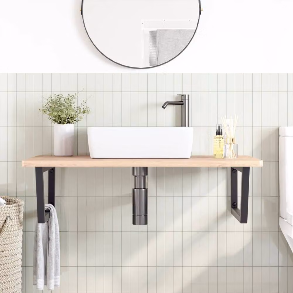 Berkfield Home Wall Mounted Basin Shelf in Brown Beech Wood and Steel – 2