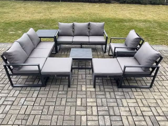 Fimous Modern Aluminium Garden Lounge Sofa Set in Dark Grey with Coffee Table and Ottomans
