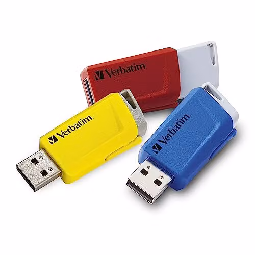 Verbatim Store 'n' Click USB 3.2 Gen1 Flash Drive, 16GB, Red, Blue and Yellow