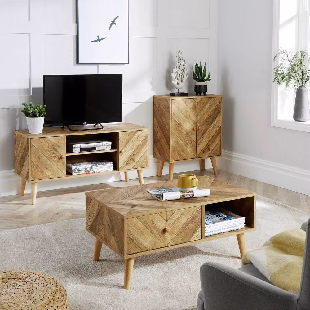 Home Source Mid-Century Geometric 2 Door Sideboard Storage Unit in Natural – 5