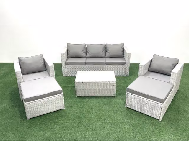 Fimous 7-Seater Rattan Garden Set in Grey with 3-Seater Sofa, Armchairs, Ottoman and Glass Coffee Table